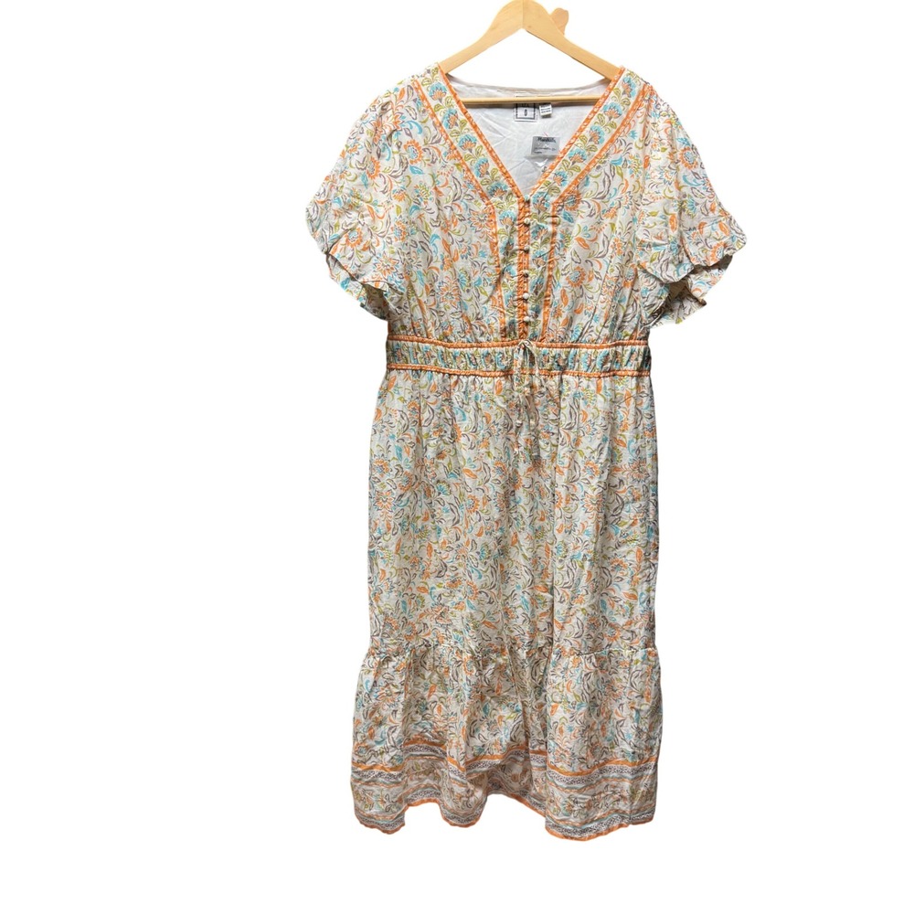 LEA Women 2X Floral Cotton Midi Dress Orange Teal V-Neck Smocked Waist Pockets